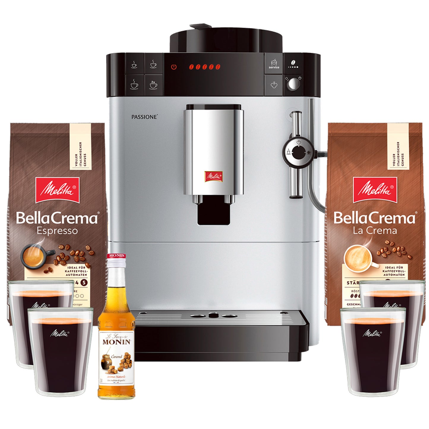KAFFEEVOLLAUTOMAT MELITTA|PASSIONE F530-101|SILBER ODER SCHWARZ|INKL. BOHNEN+4GLÄSER